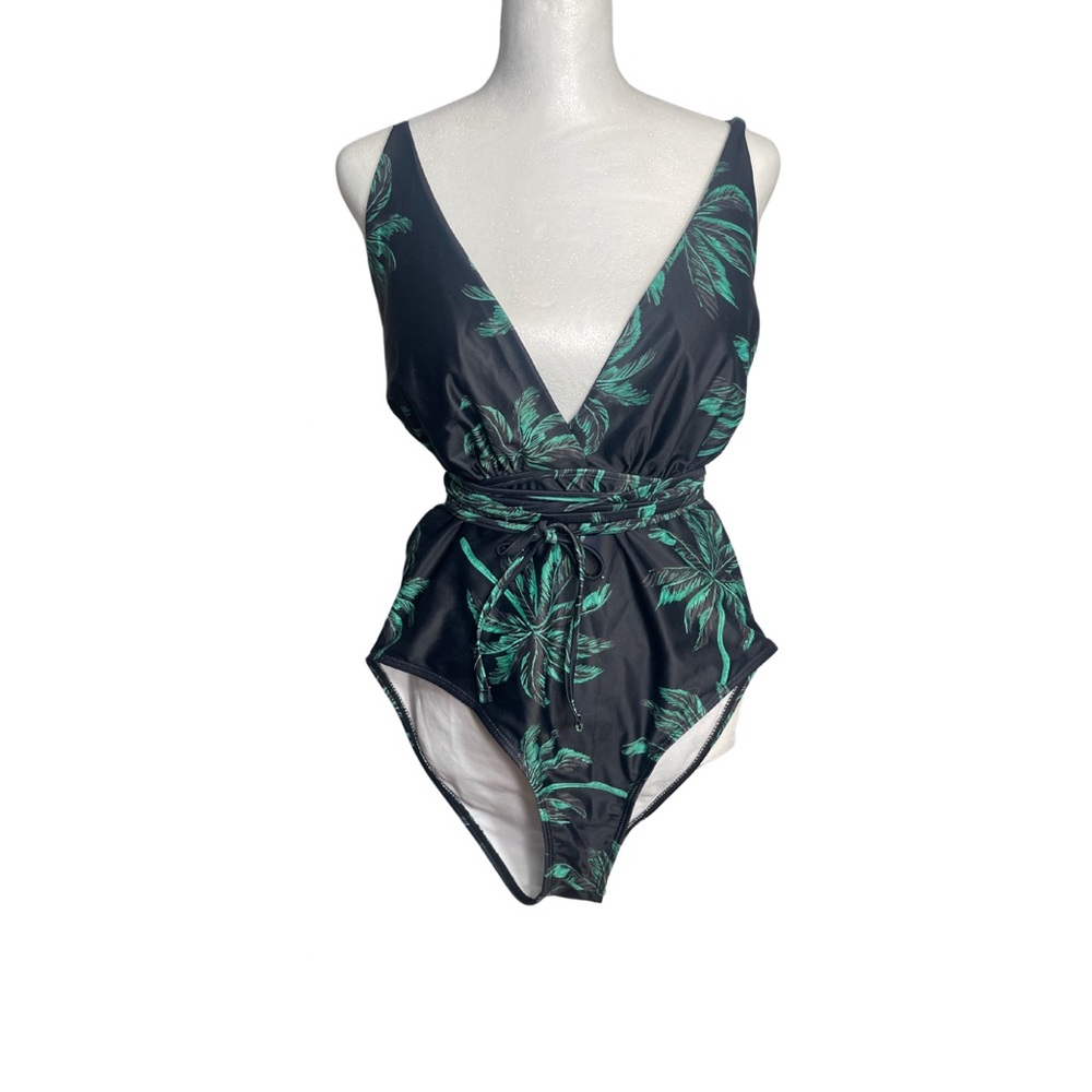 Green and Black Tropical Palm One Piece Swimsuit.
